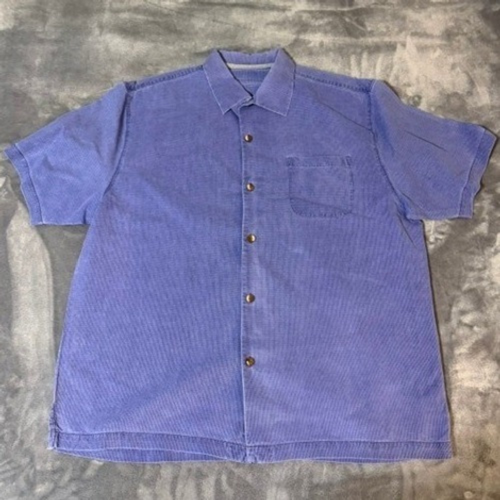 Tommy Bahama Shirt Mens XL Original Fit Blue Waffle Knit 100% Silk Button Down
